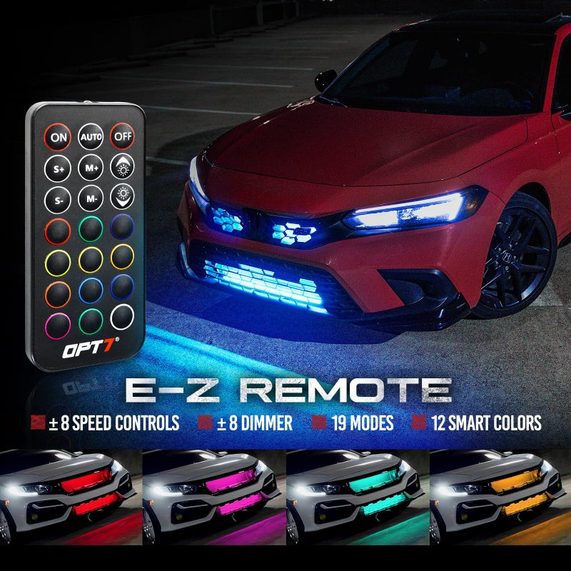 OPT7 أضواء شبك LED RGB من OPT7 مجموعة 4 قطع مع جهاز تحكم عن بعد، أضواء شريط LED مقاومة للماء بطول 24 بوصة، متعددة الألوان، خافت، تلاشي، دورة، وميض، لاصق وسهل التركيب لشبك السيارة، زينة شاحنة وفان وRV وJDM - Image 2